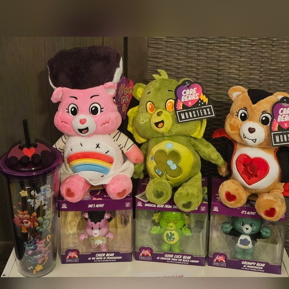 Care Bears X Universal Monsters Set- 3 Plush, Cup & 3 Figures Lagoon Dracula NWT